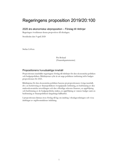 Omslaget till prop. 2019/20:100