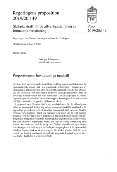 Omslaget till prop. 2019/20:149