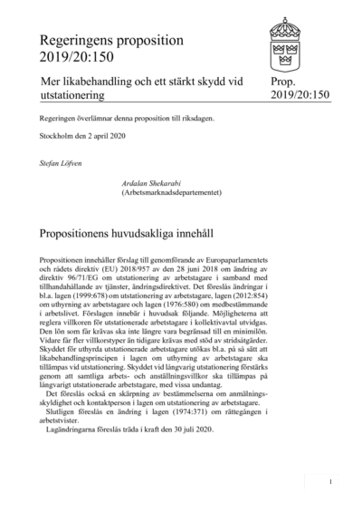 Omslaget till prop. 2019/20:159