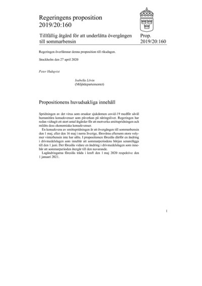 Omslaget till prop. 2019/20:160