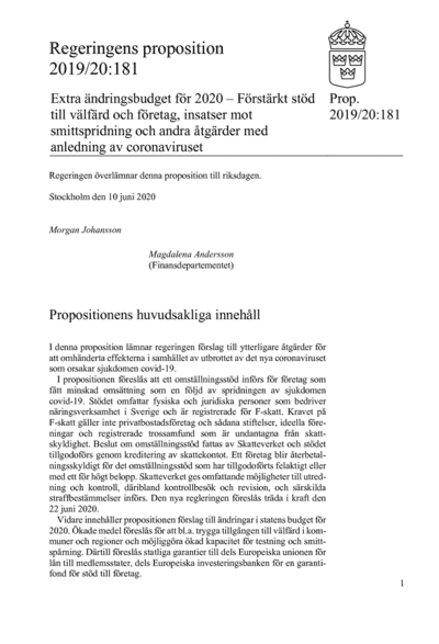 Omslaget till prop. 2019/20:181