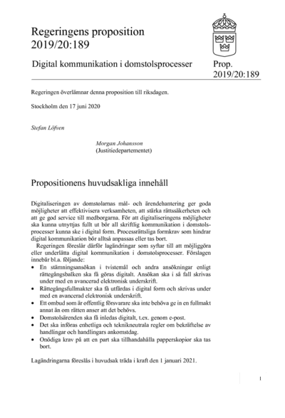 Omslaget till prop. 2019/20:189