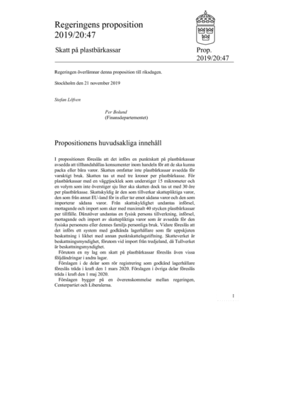 Omslaget till prop. 2019/20:47
