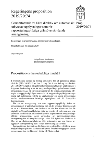 Omslaget till prop. 2019/20:74