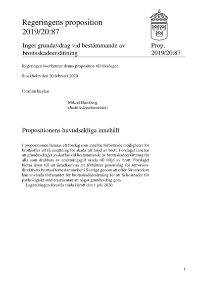 Omslaget till prop. 2019/20:87