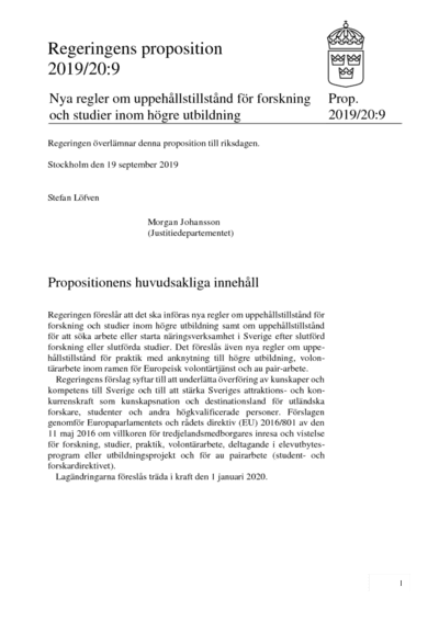Omslaget till prop. 2019/20:9