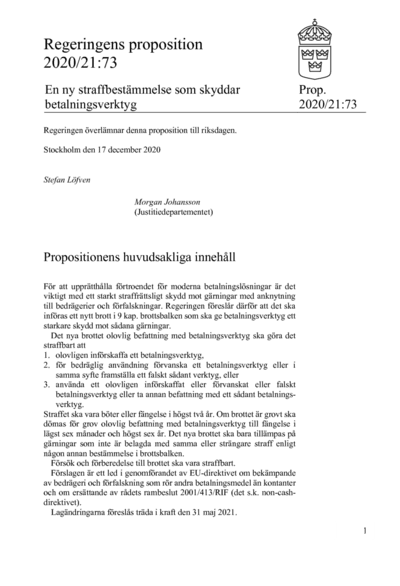 Omslaget till prop. 2020/21:73