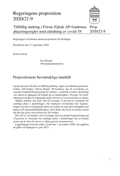 Omslaget till prop. 2020/21:9