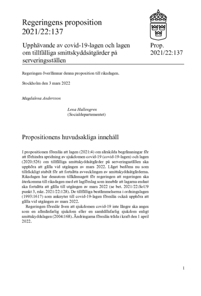 Omslaget till prop. 2021/22:137