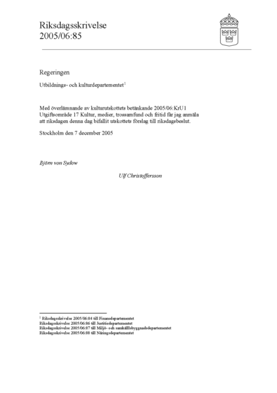 Omslaget till rskr. 2005/06:85