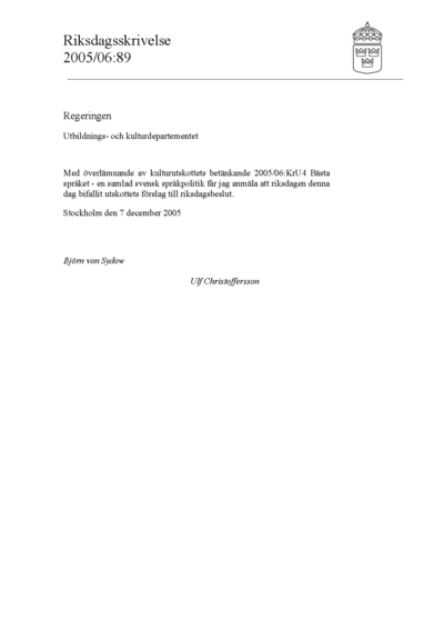 Omslaget till rskr. 2005/06:89