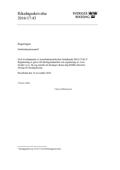 Omslaget till rskr. 2016/17:43