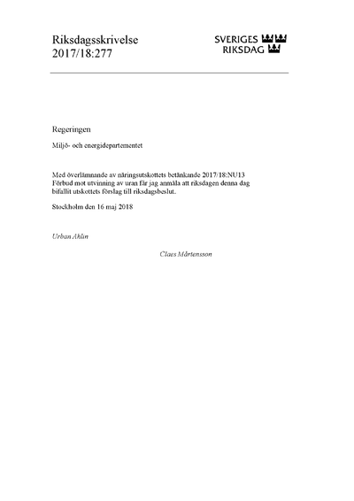 Omslaget till rskr. 2017/18:277