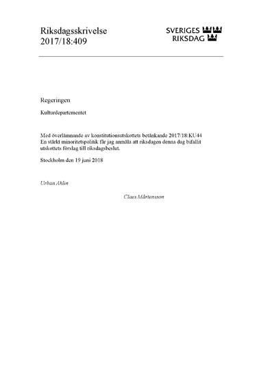 Omslaget till rskr. 2017/18:409