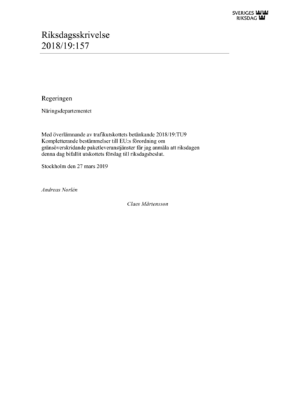 Omslaget till rskr. 2018/19:157