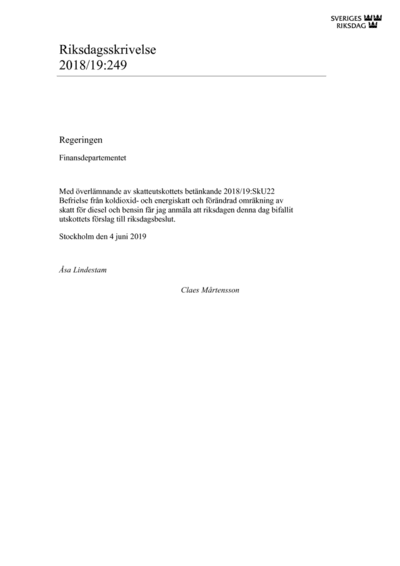 Omslaget till rskr. 2018/19:249