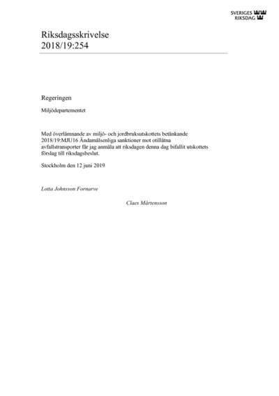 Omslaget till rskr. 2018/19:254