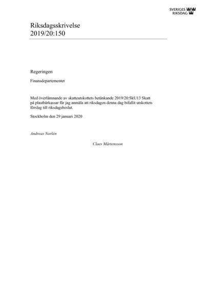 Omslaget till rskr. 2019/20:150