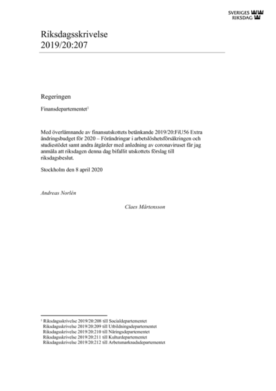 Omslaget till rskr. 2019/20:207