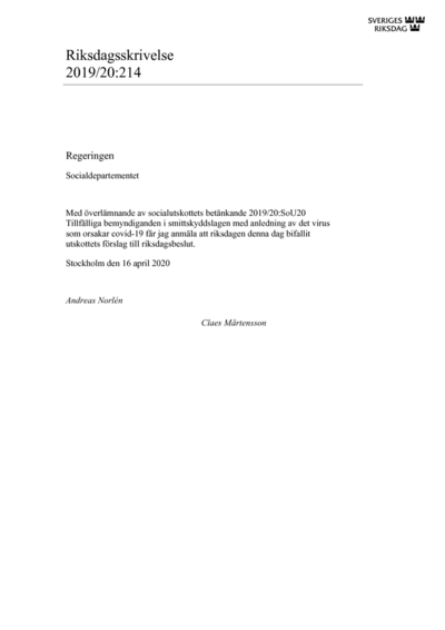 Omslaget till rskr. 2019/20:214
