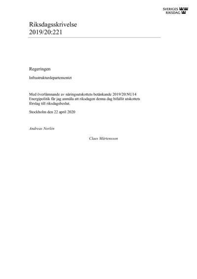 Omslaget till rskr. 2019/20:221