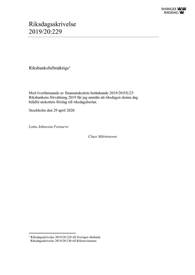 Omslaget till rskr. 2019/20:229
