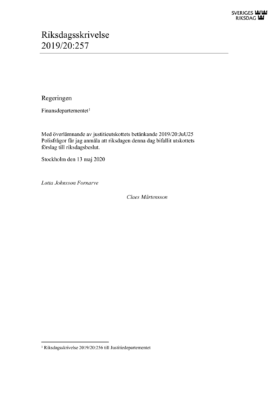 Omslaget till rskr. 2019/20:257