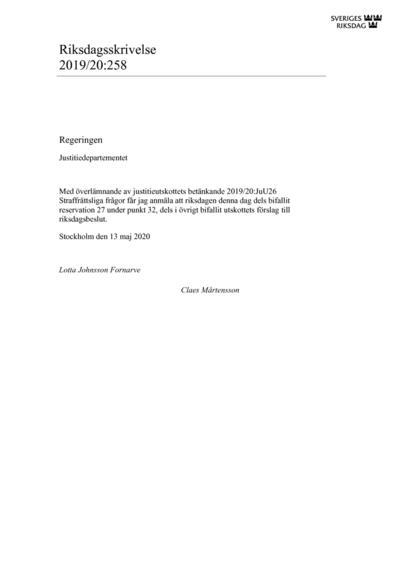 Omslaget till rskr. 2019/20:258