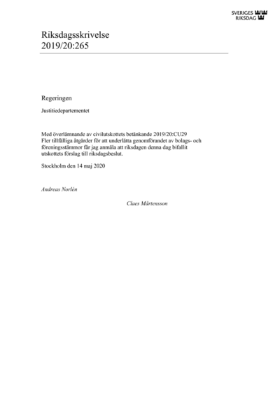Omslaget till rskr. 2019/20:265