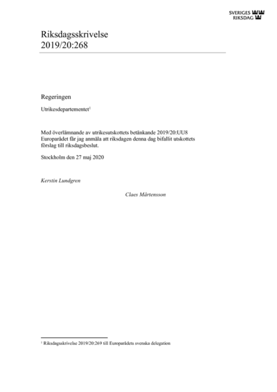 Omslaget till rskr. 2019/20:268