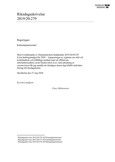 Omslaget till rskr. 2019/20:279
