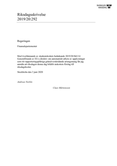 Omslaget till rskr. 2019/20:292