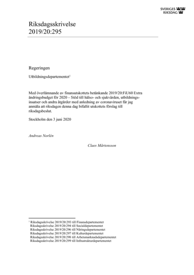 Omslaget till rskr. 2019/20:295
