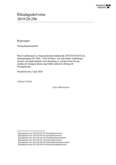 Omslaget till rskr. 2019/20:296