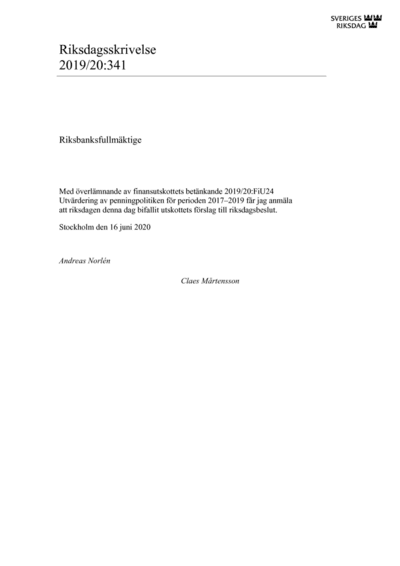 Omslaget till rskr. 2019/20:341