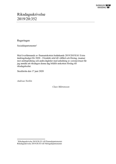 Omslaget till rskr. 2019/20:352