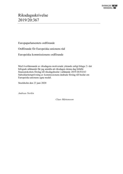 Omslaget till rskr. 2019/20:367