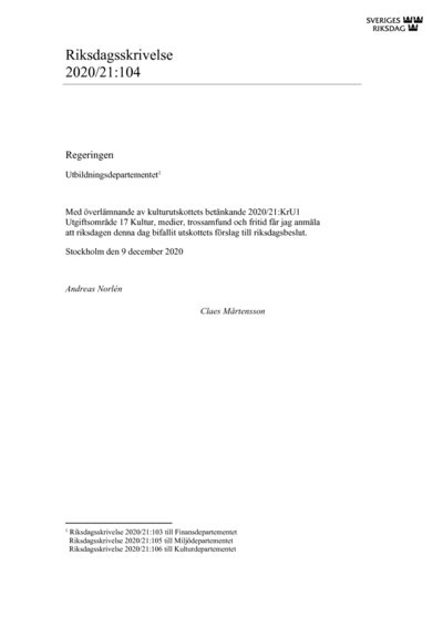 Omslaget till rskr. 2020/21:104