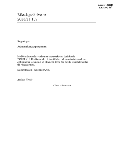 Omslaget till rskr. 2020/21:137
