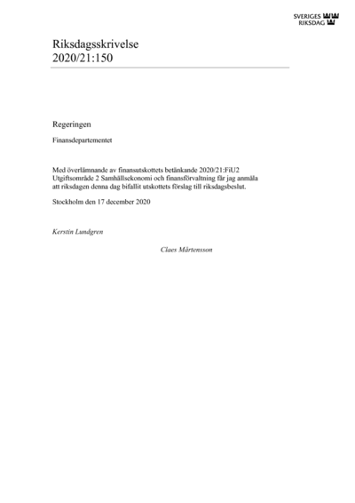 Omslaget till rskr. 2020/21:150