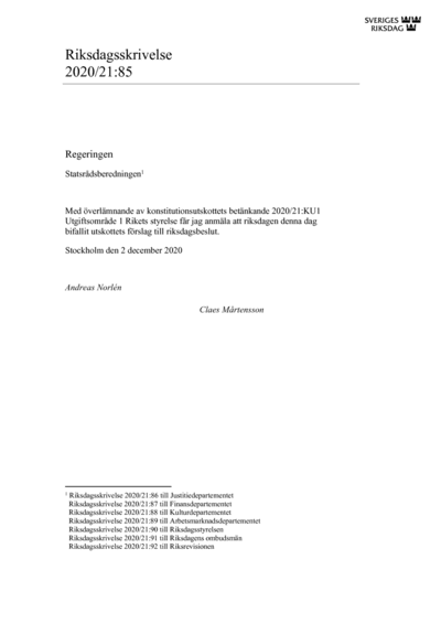 Omslaget till rskr. 2020/21:85