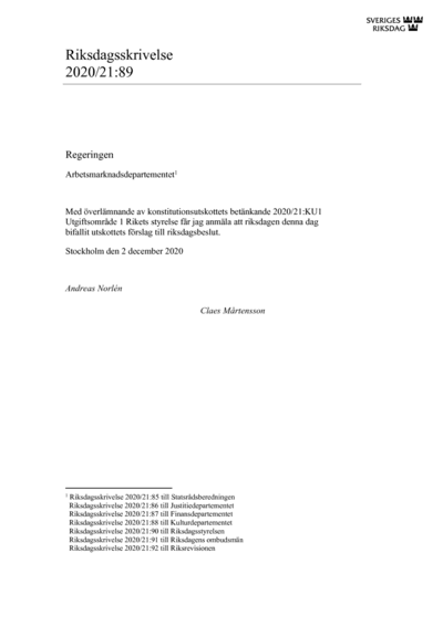 Omslaget till rskr. 2020/21:89