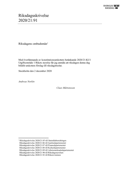 Omslaget till rskr. 2020/21:91