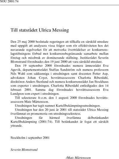 Omslaget till SOU 2001:74