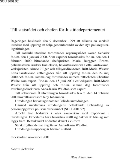 Omslaget till SOU 2001:92