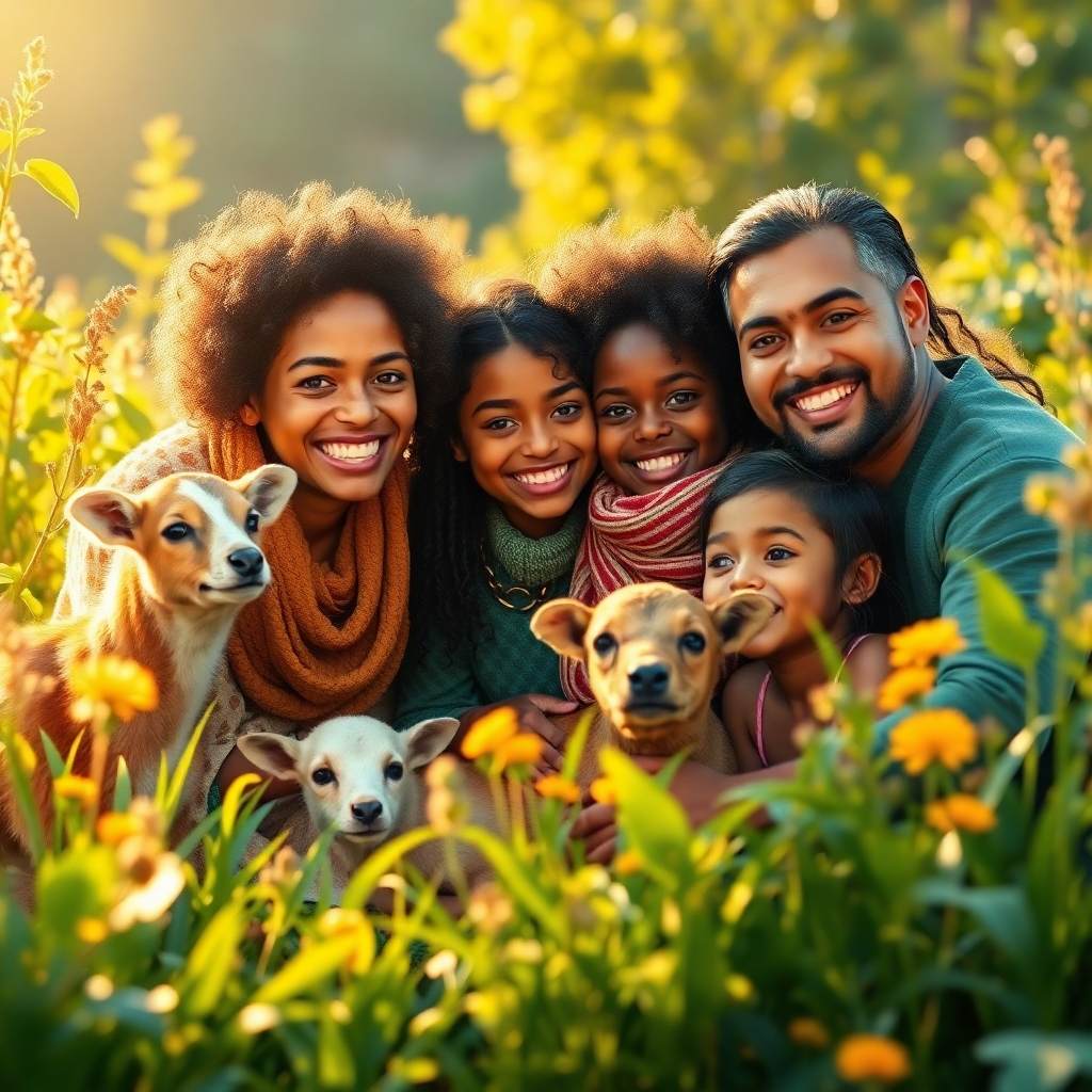 Create a heartwarming image of a diverse family, representing the blessing of procreation and multiplication. The family should be shown in a natural setting, surrounded by lush vegetation and happy animals. Focus on their connection with each other and their love for creation. The lighting should be soft and golden, creating a sense of warmth and peace. The color palette should be vibrant, with a wide range of greens, blues, and yellows. Style should be realistic and contemporary. Render in 8k resolution.