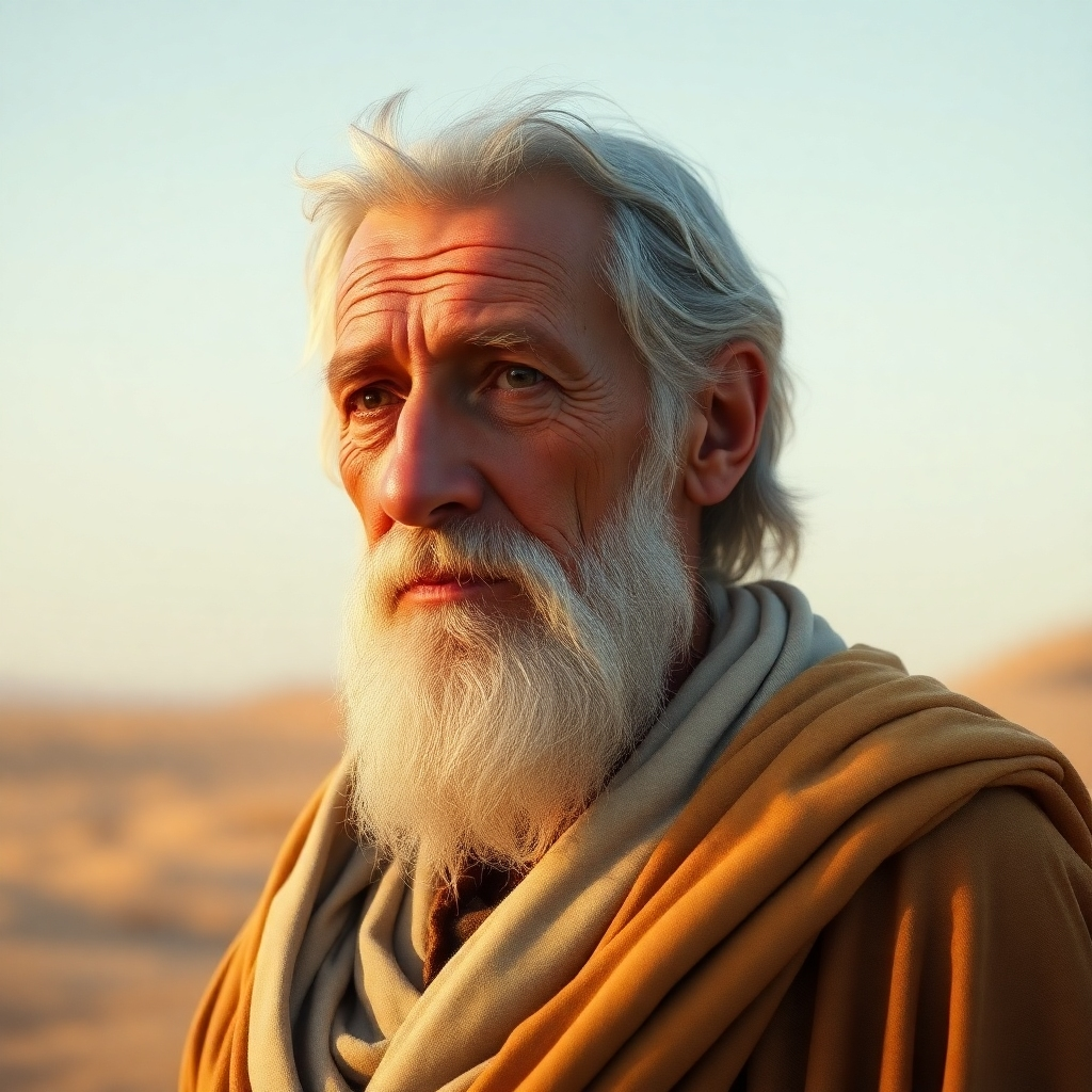 Create a photorealistic portrait of Abraham as an elderly man, his face weathered by time and experience but filled with wisdom and faith. He should be standing in a desert landscape, gazing towards the horizon with a hopeful expression. The lighting should be warm and golden, creating a sense of reverence and peace. Focus on the details of his face and clothing, capturing the essence of his character. The background should be minimalistic, emphasizing his solitary journey of faith. Render in 8K resolution.