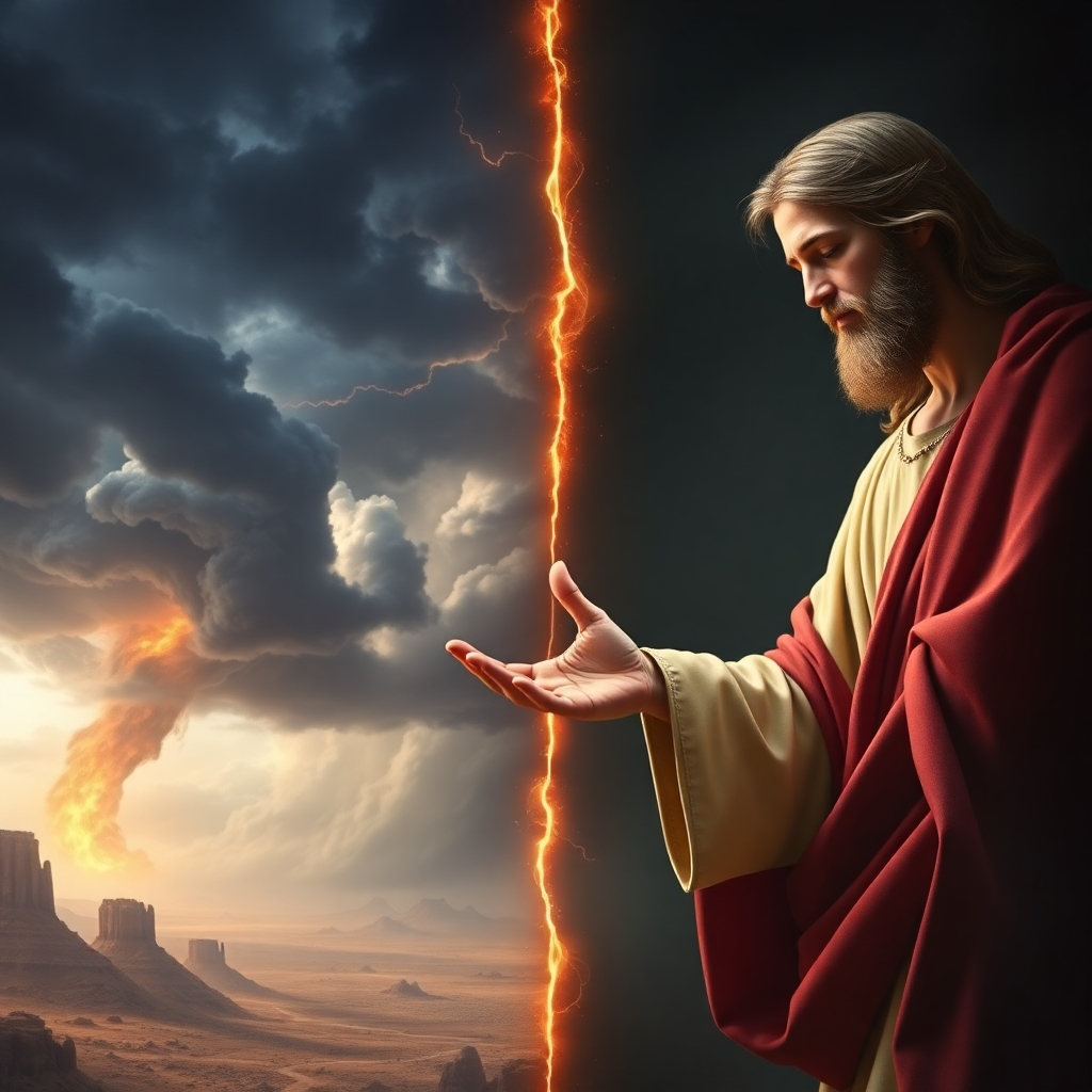 Create a visual representation of God's justice and mercy. One side of the image should depict a storm raging over Sodom and Gomorrah, symbolizing God's judgment. The other side should depict Jesus Christ extending his hand towards a repentant sinner, symbolizing God's mercy. The overall composition should be balanced, with a clear contrast between justice and mercy. The color palette should be dramatic, with dark blues, reds, and blacks on the justice side, and soft whites and golds on the mercy side. Render in 8k resolution, capturing the intensity of God's justice and the tenderness of his mercy.