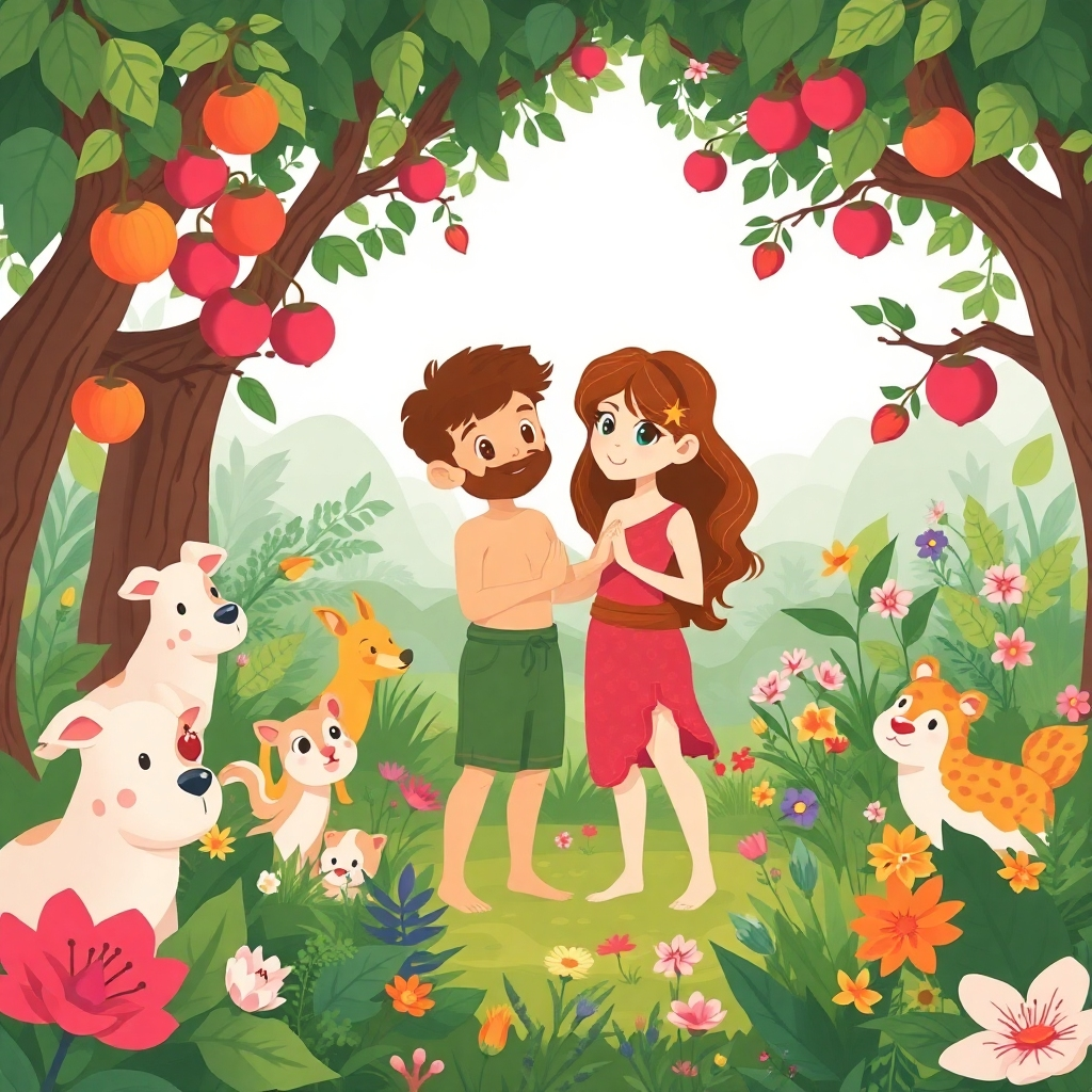 Illustrate Adam and Eve in the Garden of Eden, surrounded by friendly animals and colorful plants. Adam and Eve are interacting gently. Focus on their innocence and the beauty of the garden. The style should be simple and childlike, with bold colors and clear lines. The overall tone should be peaceful and harmonious, but with a hint of mystery surrounding the forbidden fruit. Render in 8K.