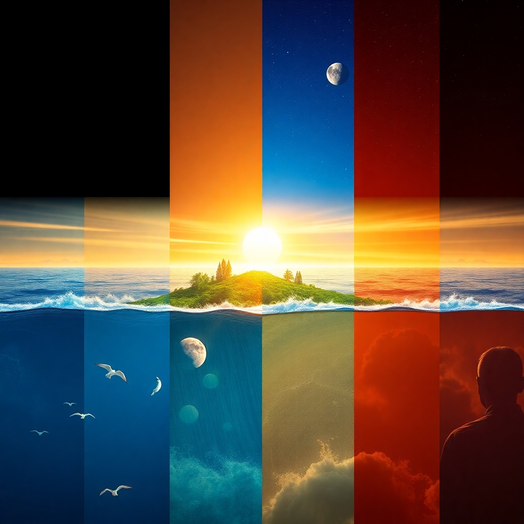 Visualize a photorealistic montage of the six days of creation as described in Genesis. Each day should be represented in a distinct panel, seamlessly flowing into the next. Day 1: Light separating from darkness. Day 2: The sky and the waters. Day 3: Land emerging with vegetation. Day 4: Sun, moon, and stars. Day 5: Birds and marine life. Day 6: Land animals and humanity. The overall composition should feel harmonious, with a bright and hopeful tone. Use a vibrant color palette, showcasing the diversity of creation. Render in 8K resolution with hyperrealistic details to emphasize the grandeur of the creation process.